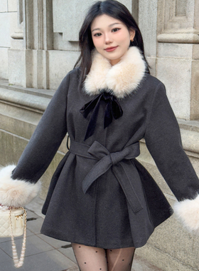 BULE蓝色星球2026新春红色圣诞战袍毛呢外套女毛毛领呢子中长外套