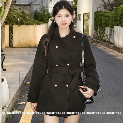 BULE蓝色星球秋冬季厚款围脖设计感轻熟风港味呢子大衣毛呢外套女