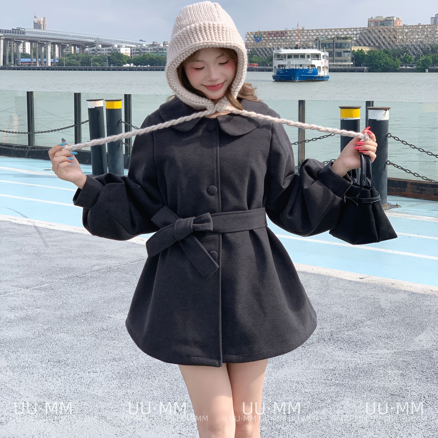 娃娃领灯笼袖设计呢子外套秋冬2025韩系小个子风衣中长款系带裙子