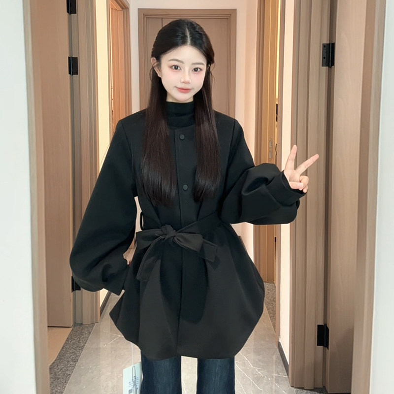 BULE蓝色星球女装圆领灯笼袖千金穿搭毛呢外套韩系呢子大衣中长款