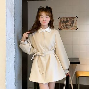 韩系系带短款风衣裙蓝色星球女装早秋流行秋冬新款小个子外套上衣