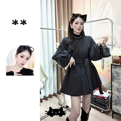 bule蓝色星球冬季厚款呢子连衣裙韩版复古系带灯笼袖修身毛呢外套