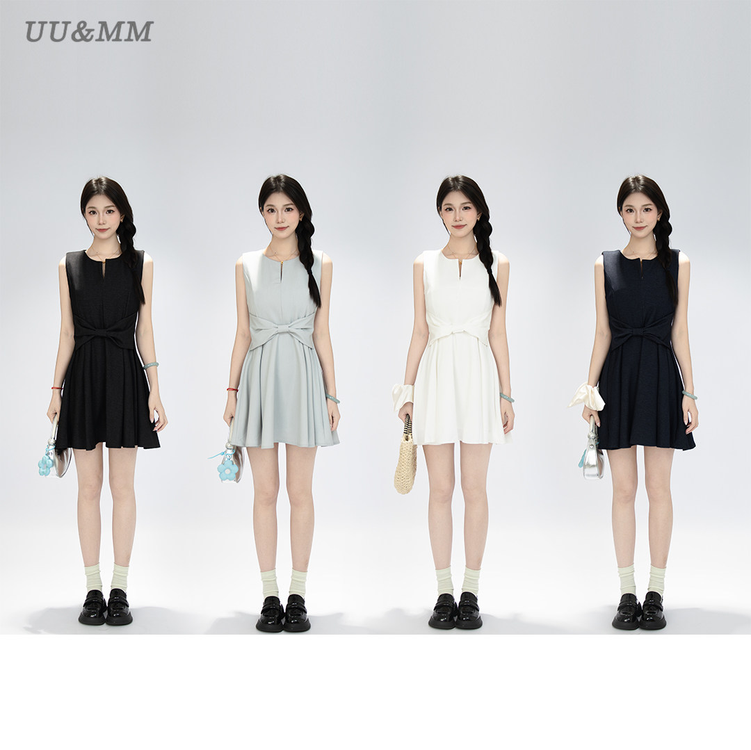 BULE蓝色星球2026年夏季圆领无袖中长款裙子收腰系带设计感连衣裙