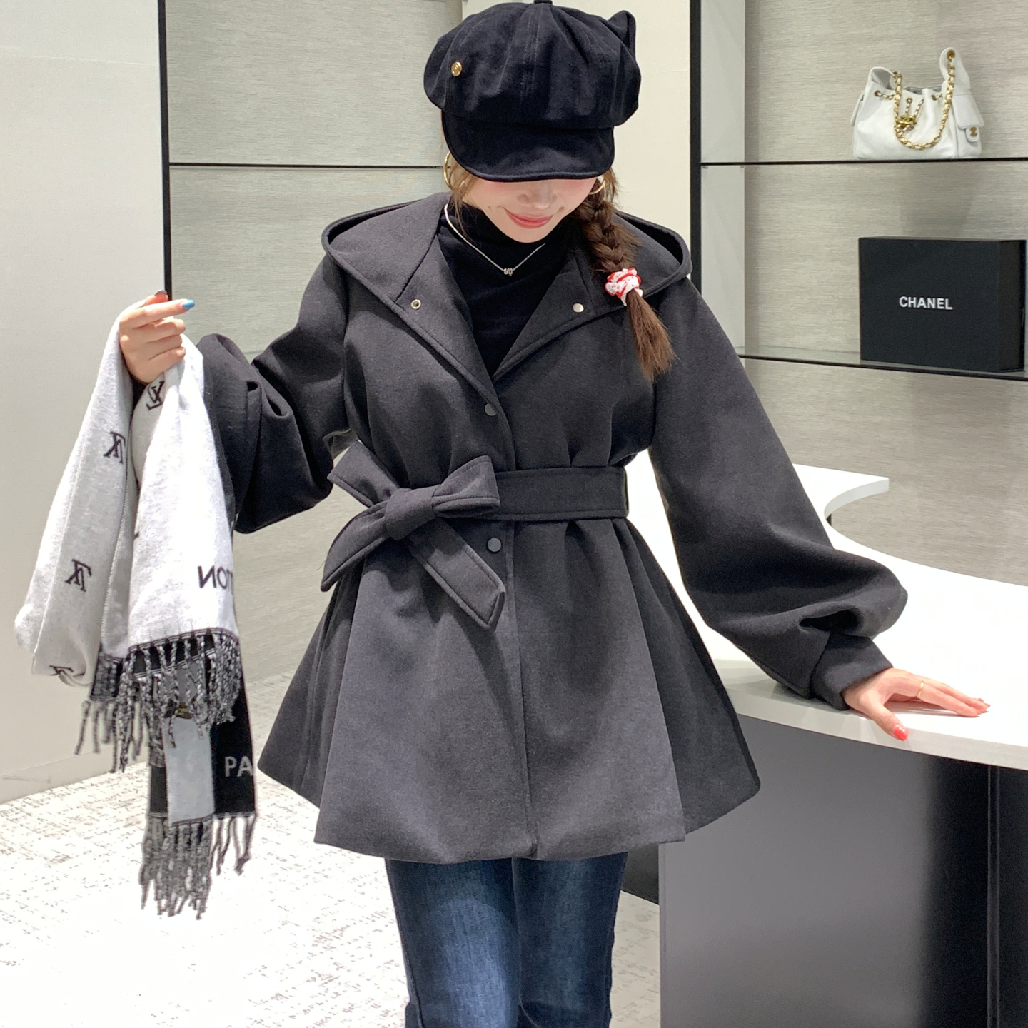 甜系少女冬季厚款连帽毛呢外套灯笼袖系带小个子呢子大衣连衣裙潮