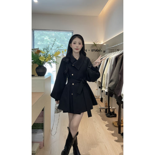 UU&MM秋冬千金风翻领中长款超好看轻薄风衣女黑色高级感显瘦外套