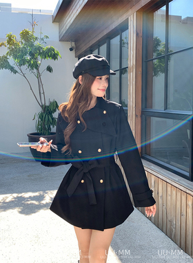 蓝色星球女装名媛黑色风衣女网红爆款小个子韩系中短款外套连衣裙