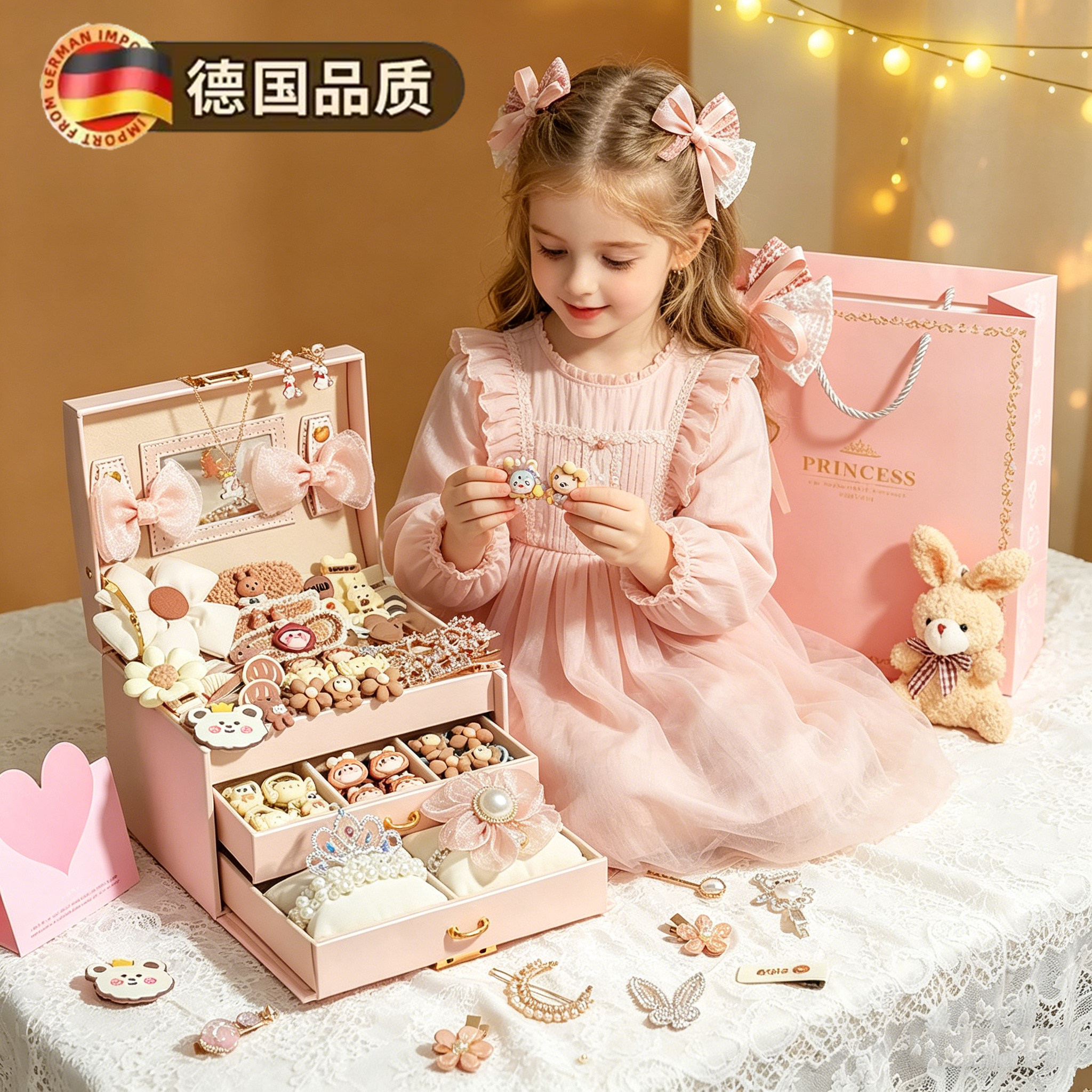德国儿童小女孩玩具首饰串珠女童3岁5宝箱公主发饰生日礼物高端盒