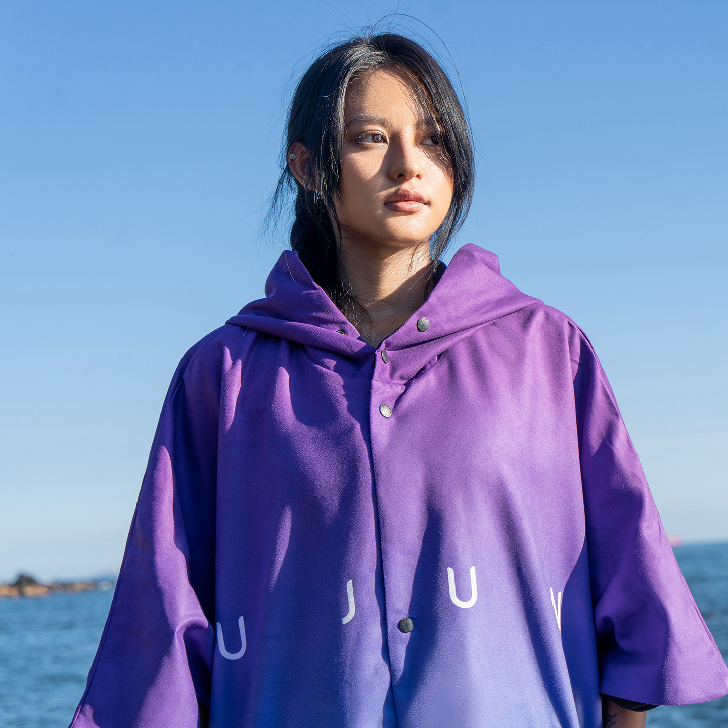 NuJune新款冲浪防寒浴袍潜水游泳加厚毛巾衣海边防风披风带帽斗篷