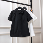 大码 夏季 短袖 娃娃领白衬衫 宽松显瘦设计感洋气胖mm上衣黑小众 新款