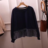 荷叶边拼接卫衣女宽松圆领长袖 韩版 大码 深蓝色百搭设计感上衣胖mm