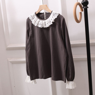 文艺小清新胖M T恤宽松大码 日系森女甜美蕾丝花边荷叶领长袖 打底衫