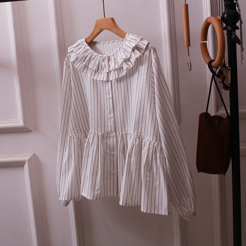 复古花边领娃娃条纹衬衫女长袖荷叶边显瘦百搭文艺上衣大码宽松胖