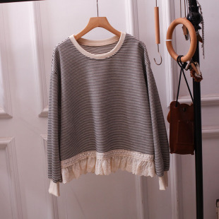 日系条纹蕾丝花边卫衣女上衣t恤宽松百搭减龄显瘦上衣大码 显瘦胖m