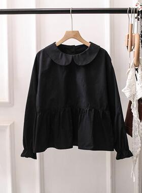 日系复古娃娃领白衬衫女上衣宽松荷叶边文艺减龄百搭长袖黑色大码