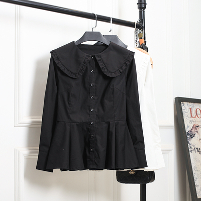 娃娃宽松荷叶胖白衬衫女大码黑色