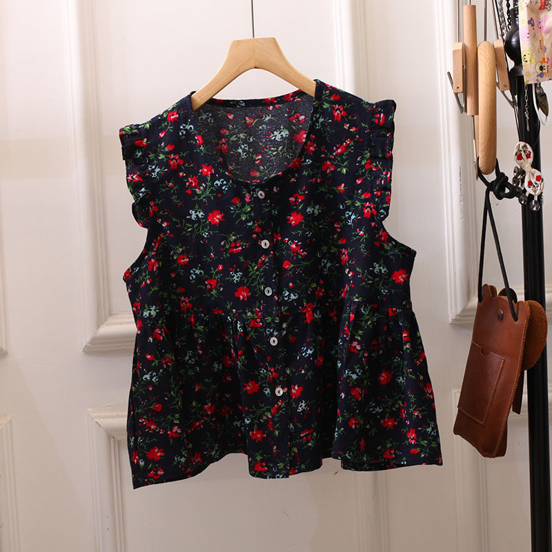 文艺复古棉麻碎花无袖背心衬衫