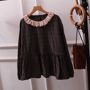 宽松百搭棉质上衣大码 长袖 荷叶边胖 女衬衫 复古日系系花边领娃娃衫