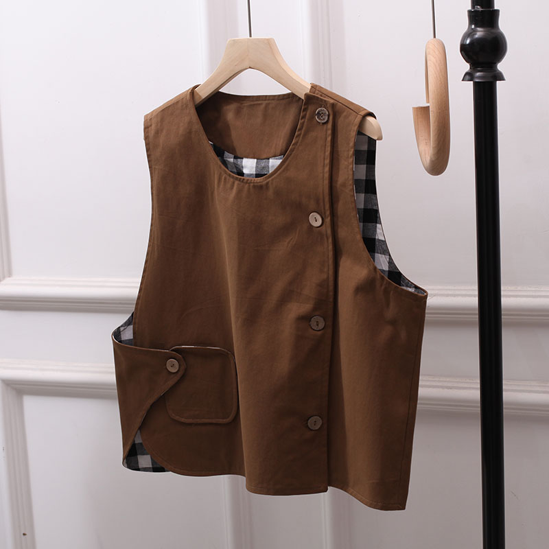 日系叠穿圆领工装马甲女