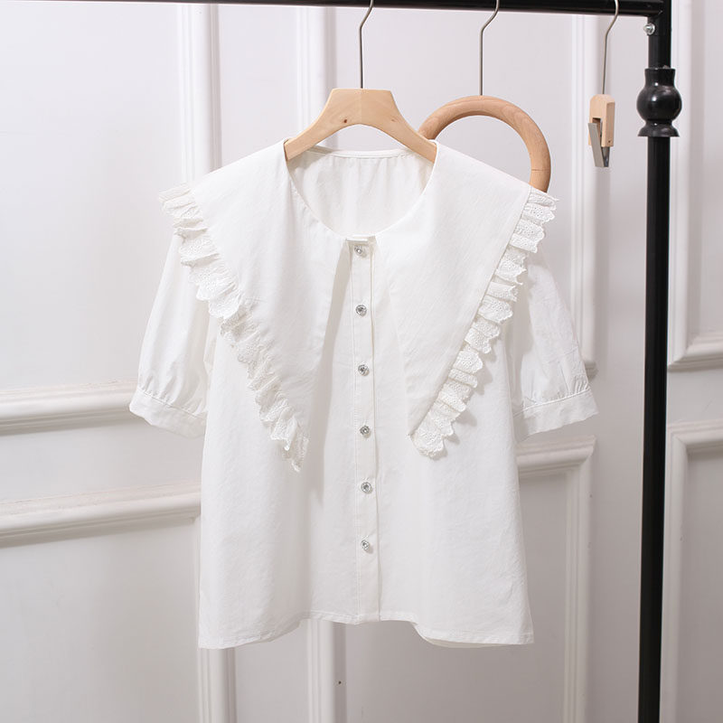 夏季短袖白色衬衫女大码宽松娃娃领法式百搭上衣设计感泡泡袖简约,女装/女士精品,衬衫,淘宝优惠券,粉丝福利购,淘宝优惠卷