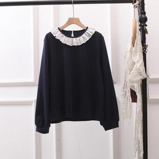 秋冬复古日系打底衫 森女系上衣小清新胖M t恤甜美蕾丝花边减龄大码