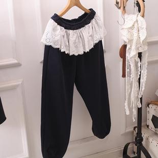 韩版 日系蕾丝花边卫裤 女宽松森女百搭假两件松紧腰甜美显瘦休闲裤