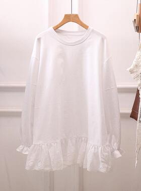 日系蕾丝花边长袖白色T恤女宽松大码百搭减龄中长款上衣打底衫胖M