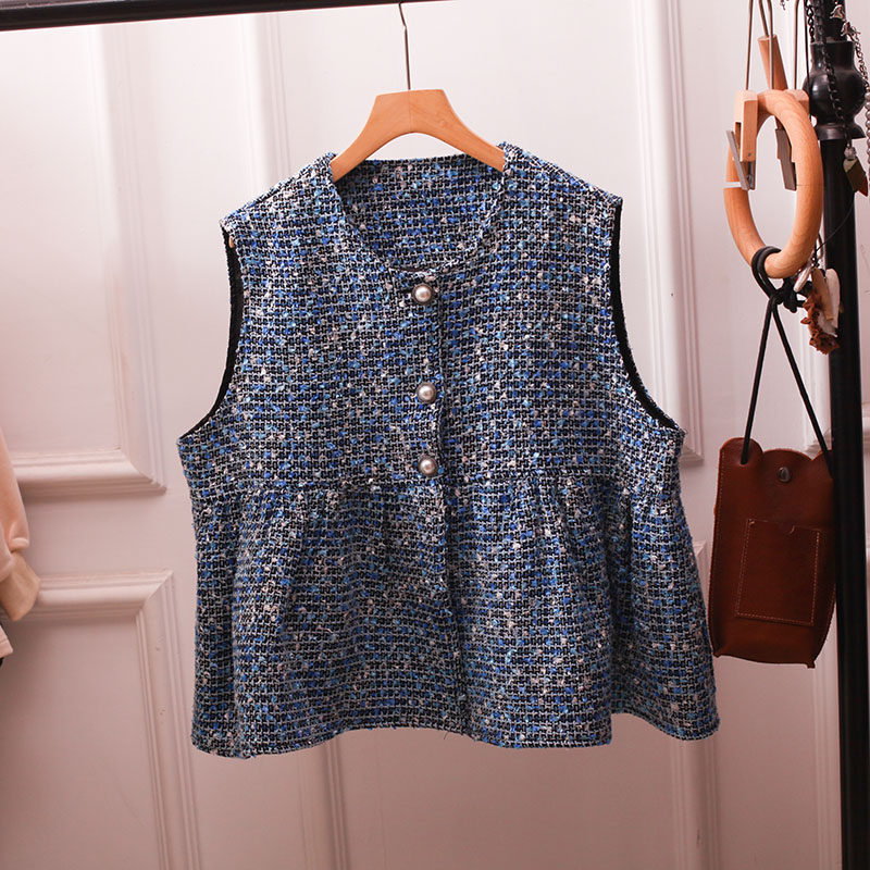 复古日系小香风无袖娃娃马甲女圆领纽扣荷叶边宽松设计感背心大码