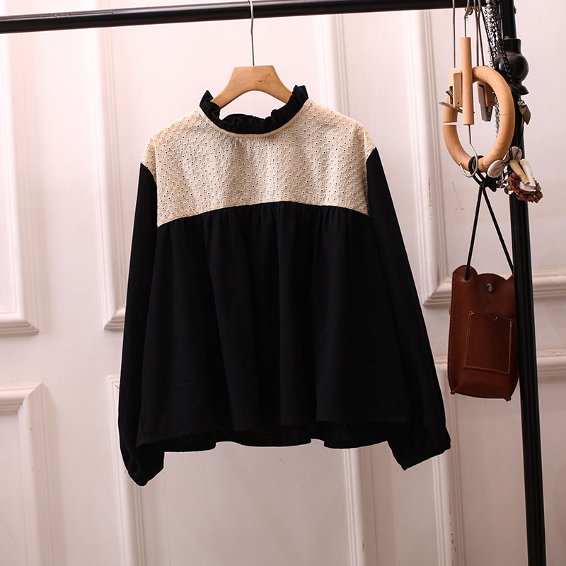 日系花边领娃娃衫长袖黑衬衫