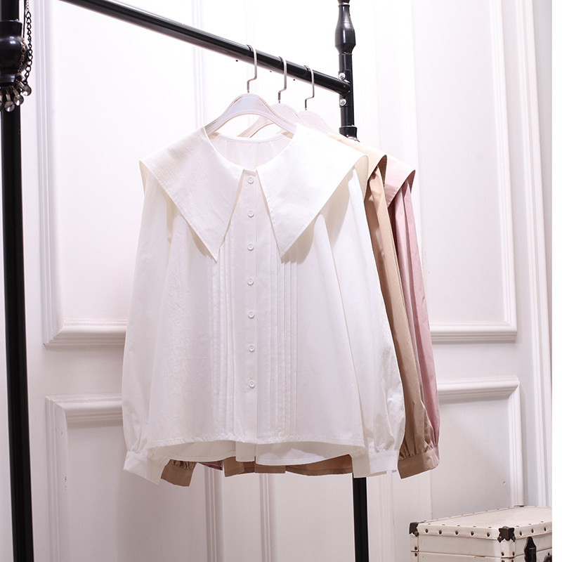 春秋娃娃领衬衫大码宽松灯笼袖百搭洋气女上衣长袖打底衫风琴折韩