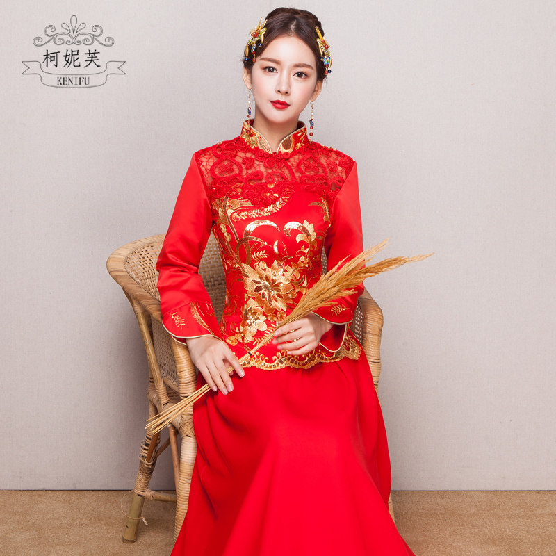 敬酒服新娘秀禾服旗袍2020春季新款中式复古婚纱长款红色结婚礼服