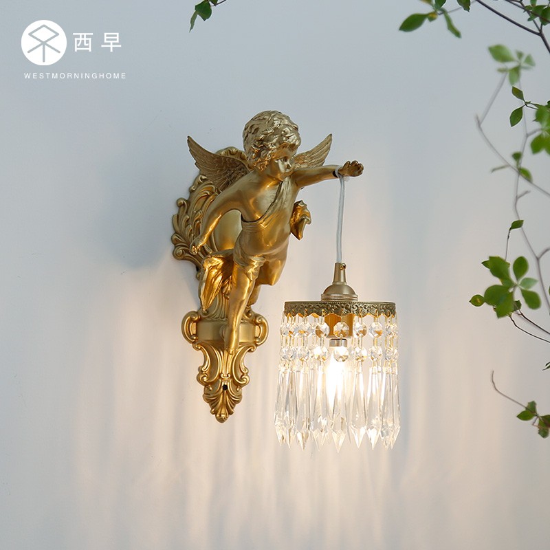 西早 中古法式复古黄铜天使水晶壁灯 美式欧式过道玄关卧室客厅灯_虎窝淘