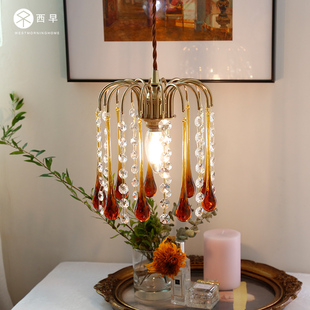 飘窗衣帽间卧室床头吊灯 复古浪漫温馨水滴玻璃小吊灯 西早 美式