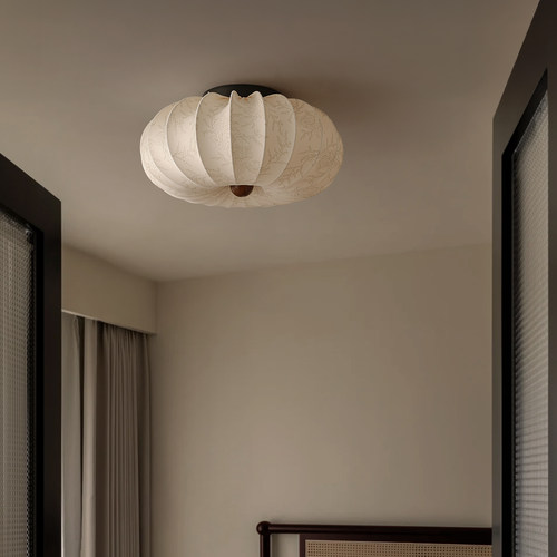 新款法式中古卧室吸顶灯复古胡桃木纹布艺印花高级感主房间灯西早