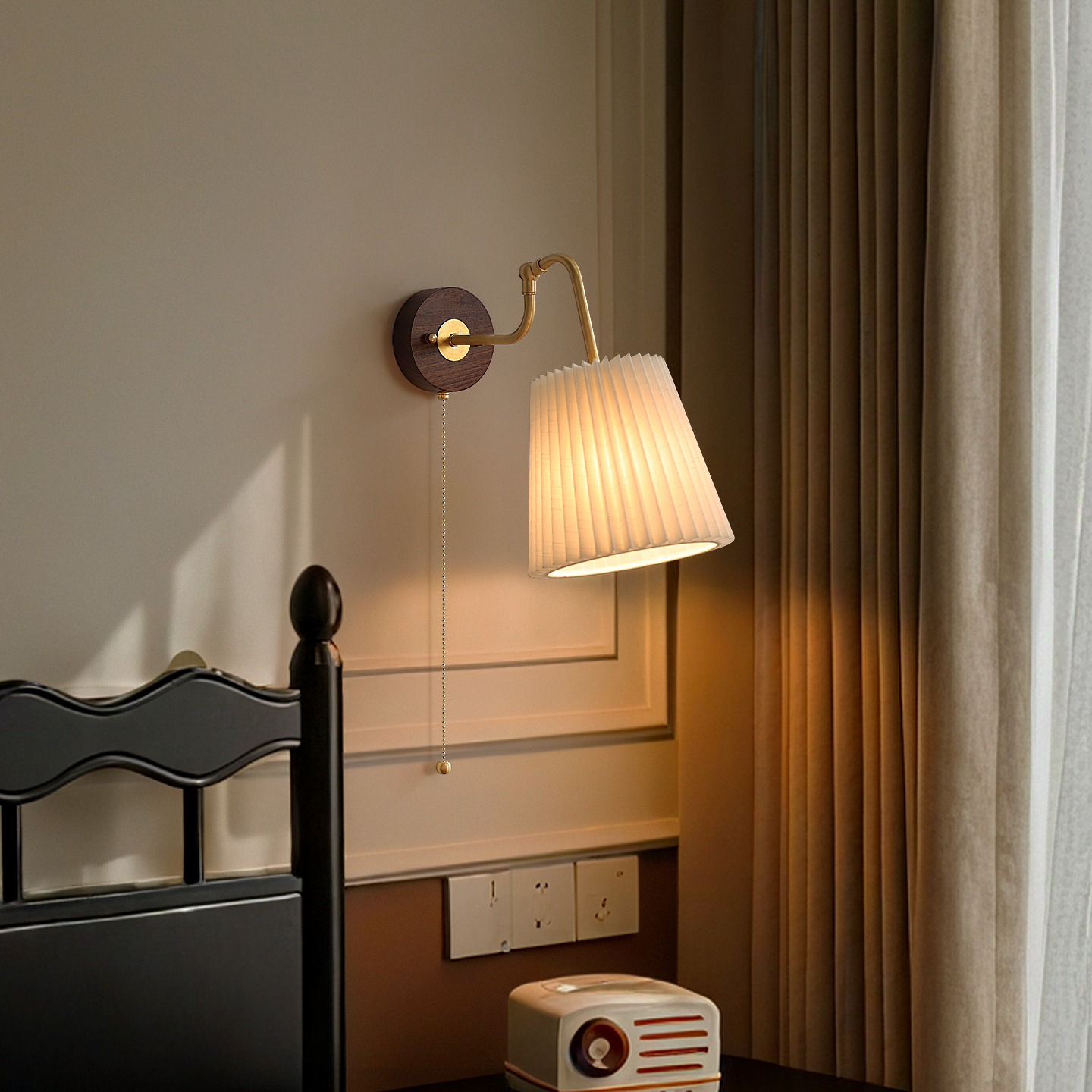 西早 法式复古胡桃木全铜壁灯 侘寂风过道玄关卧室布艺床头灯