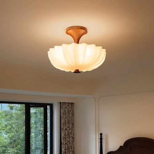 舒茉法式复古卧室吸顶灯中古美式白蜡木高级感书房吊灯奶油餐厅灯