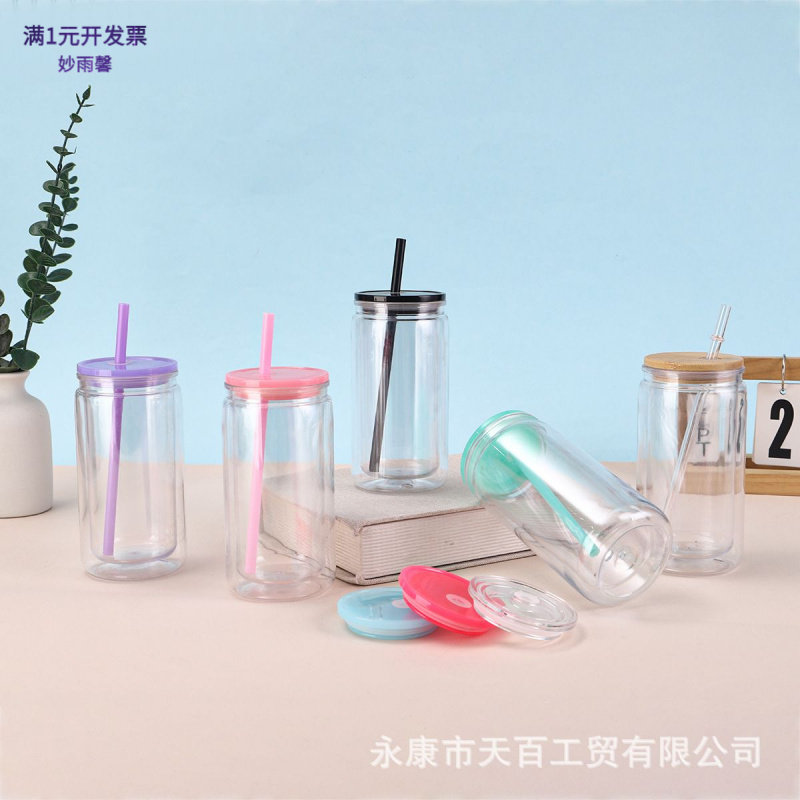 跨境16oz彩色双层塑料雪球杯底部