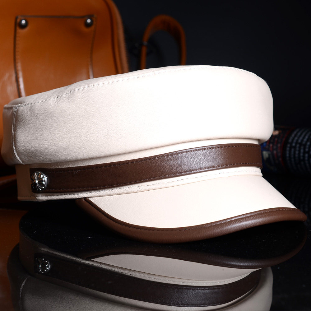 帽子女真皮秋冬潮米色可爱羊皮甜美贝雷帽报童帽爵士帽拼色百搭帽