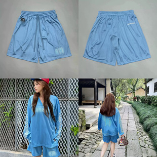 潮流新品潮牌梵文字母印花蓝色网眼布运动冰球服休闲男女款短裤子