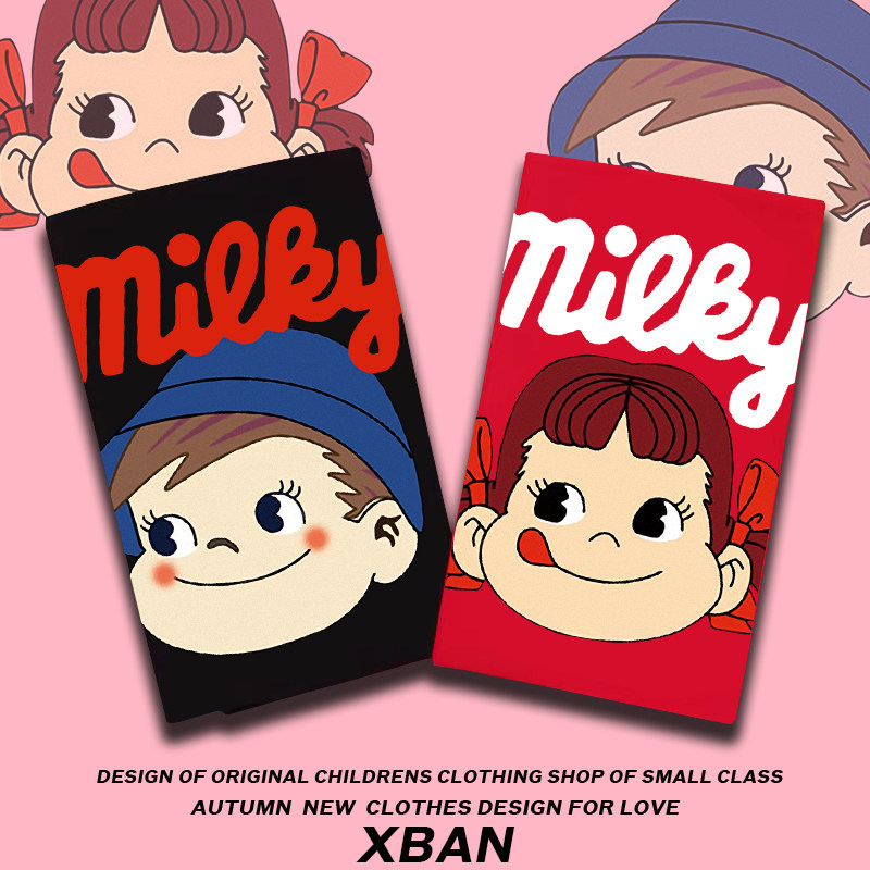 不二家儿童中国红卫衣加绒加厚外套潮牌童装牛奶妹女童网红亲子装