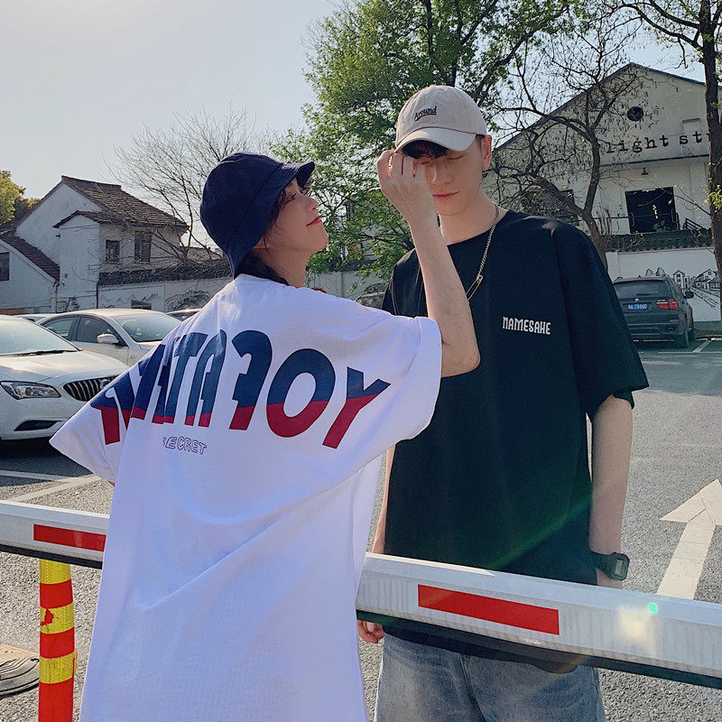 夏装短袖ins潮蝙蝠袖字母印花青春学院系女宽松校园学院系情侣T恤