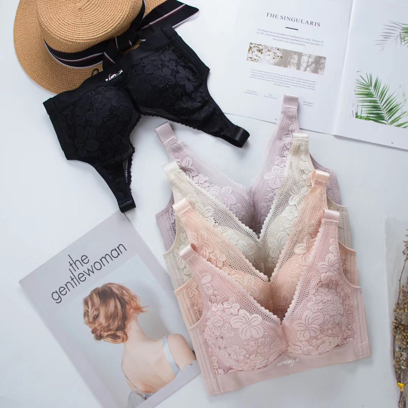 玉姿蝶文胸无钢圈夏薄款透气孔按摩点蕾丝聚拢调整型B杯内衣2021