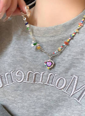 七彩石爱心滴釉可爱项链女多巴胺小众配饰卫衣链甜酷辣妹