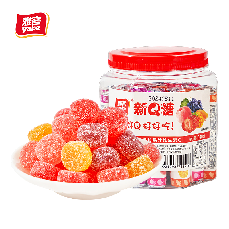 雅客新q糖桶装儿童年小零食怀旧果汁水果QQ橡酸q糖皮软糖果散装