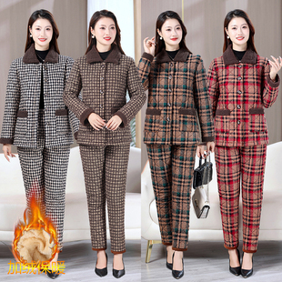 棉衣棉裤 奶奶新款 两件套睡衣 格子加绒加厚棉衣套装 中老年妈妈冬装
