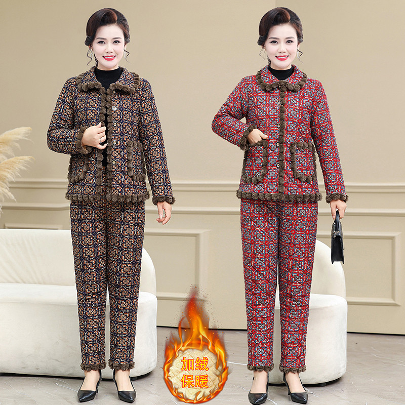 新款冬季妈妈装加绒加厚棉衣棉裤套装中老年老奶奶女装保暖两件套
