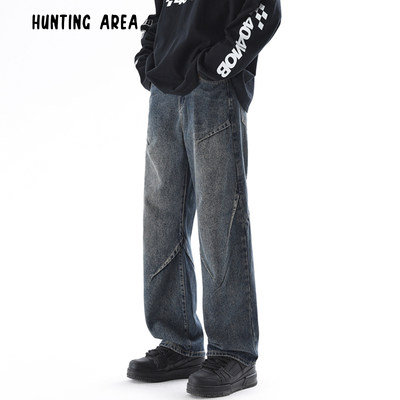 Hunting Area复古水洗百搭休闲舒适宽松直筒高腰牛仔裤 HU7093