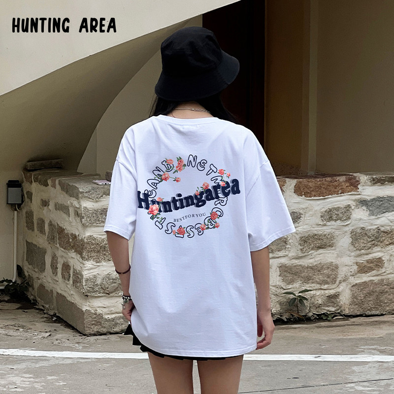 hunting area2023ss花卉环绕字母logo宽松落肩短袖t恤 男女同款