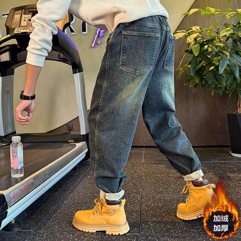 哈伦牛仔裤男韩版潮流重磅休闲裤子2024冬季新款加绒加厚潮牌宽松