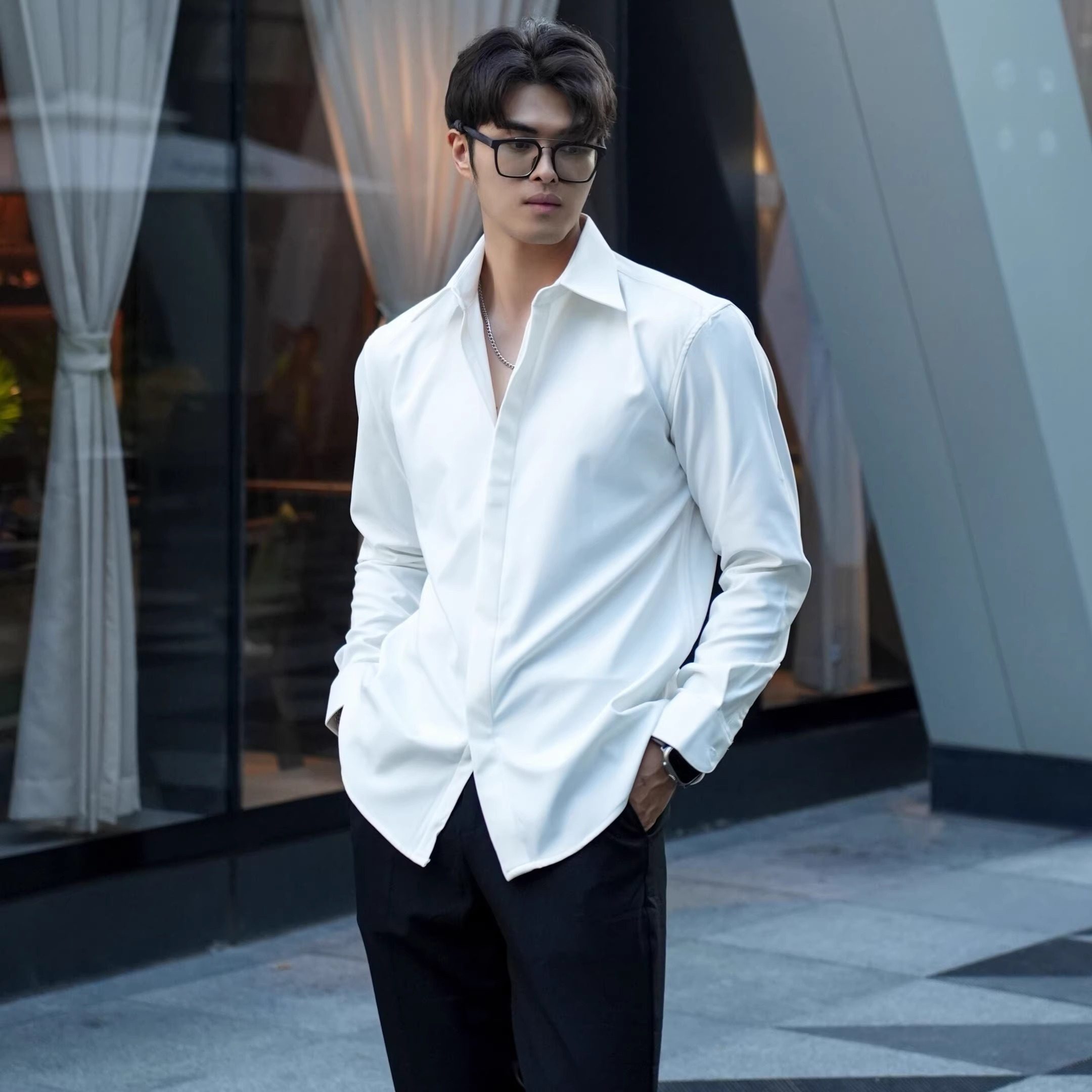 夏季新款英伦雅痞法式白色长袖衬衫男款高级感设计潮流衬衣打底衫