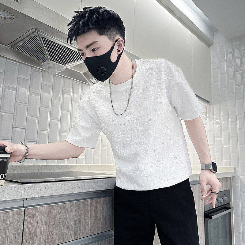 2025夏季新款高级感提花短袖T恤男潮流痞帅圆领半袖上衣白色体恤